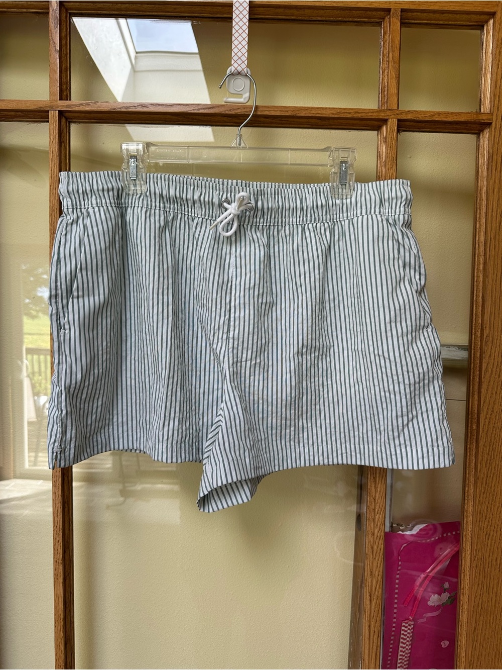 Athleta White with Green Pinstripe High-Waist Drawstring Shorts